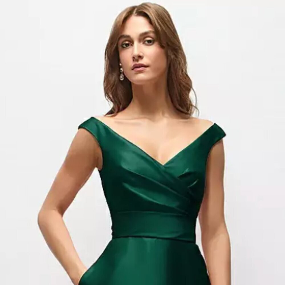 Alfred Sung Off-the-Shoulder Draped Wrap Satin Maxi Dress Hunter Green, size 14 - Picture 2 of 13